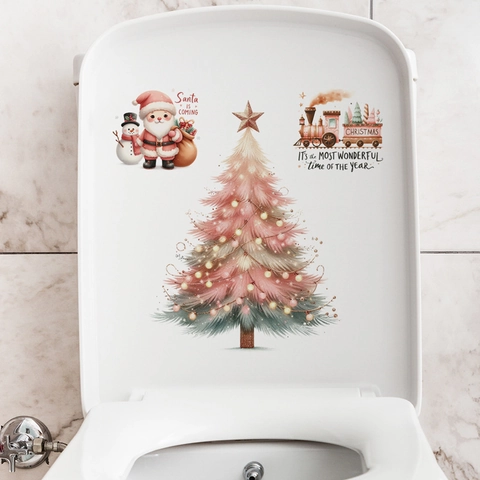 Pink Christmas Toilet Lid Stickers Removable PVC Wall Decals Hand-painted Santa Snowman Reindeer Bathroom Decor