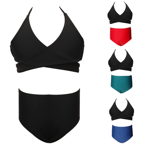 Girls Halter Neck Cross Wrap Bikini Top And High Waist Bottom Nylon High Elastic Solid Color Swimsuit