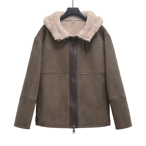 Giacca Motociclista Cappuccio Scamosciato Donna Foderata Sherpa Ampia Calda Cappotto Invernale Ecopelle Marrone Casual