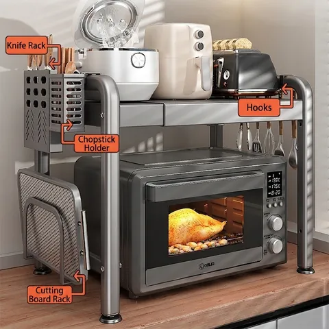 Carbon Steel Kitchen Microwave Oven Rack Extendable Multi Layer Countertop Storage Organizer Stand With Hooks