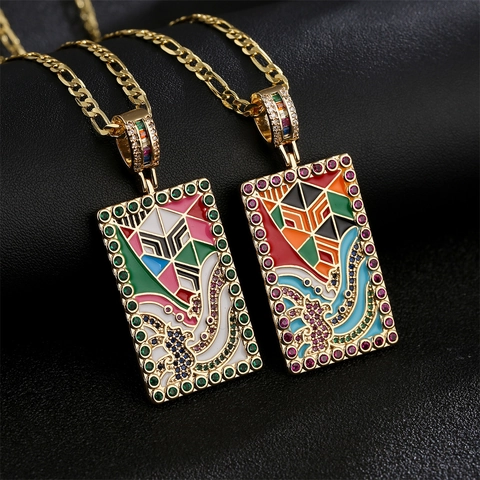 Collana Con Ciondolo Pittura Ad Olio Rettangolare Rame Placcato Oro Zircone Smalto Colorato Arte Astratta Gioielli Per Donne