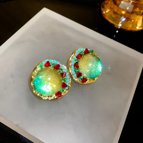 Retro Round Stud Earrings With Silver Earring Post Alloy Glass Rhinestone Colorful Geometric Palace Style Jewelry For Women