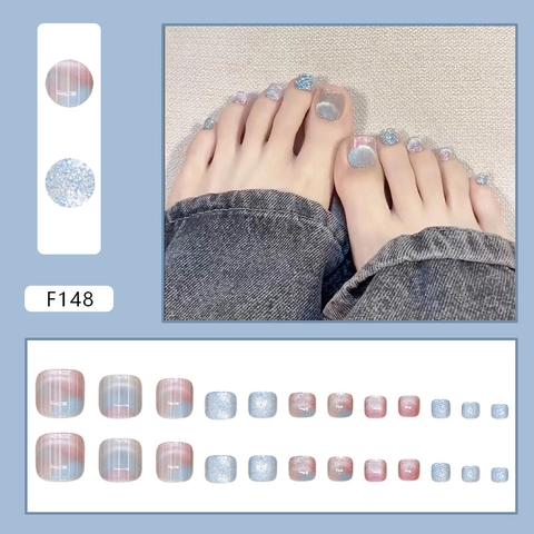Uñas Postizas Para Pies Aurora Gradient Brillo Azul Rosa Brillante Uñas Artificiales Para Mujeres Con Pegamento