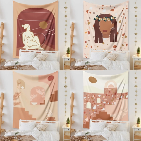 Bohemian Abstract Female Portrait Wall Tapestry Polyester Botanical Geometric Minimalist Home Bedroom Decor Hanging Background