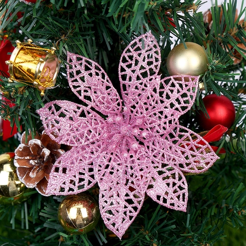 Fiori Decorazione Albero Di Natale Luccicanti Glitter PE Traforati Poinsettia Ornamenti Festivi Per Ghirlanda