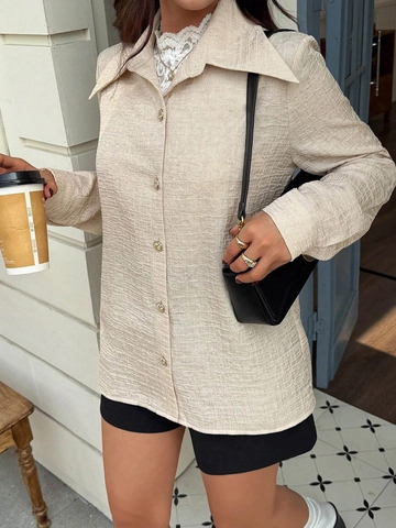 Women Textured Long Sleeve Blouse French Retro Pointed Collar Button Down Loose Elegant Shirt Apricot