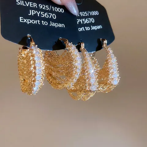 18K Gold Plated Multi Layer Chain Hoop Earrings With Zircon 925 Sterling Silver Earring Post Palace Style For Women