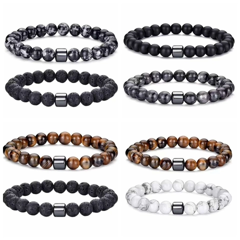 Natural Stone Beaded Bracelet For Men Tiger Eye Lava Rock Hematite Elastic Healing Energy Jewelry Boho Style