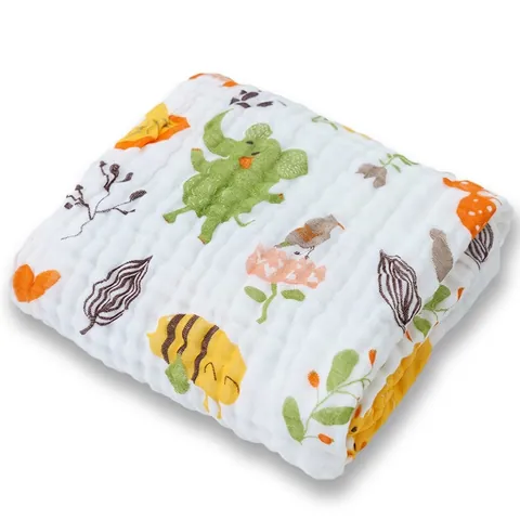 Baby Bath Towel Multi Layer Cotton Gauze Muslin Swaddle Blanket Soft Breathable Cartoon Print For Newborn Toddler