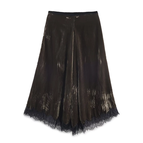 Women Velvet Midi Skirt Elegant High Waist Retro Streetwear With Lace Hem And Side Zipper Solid Color