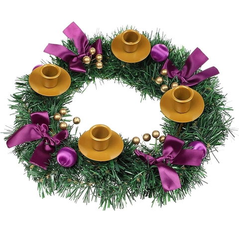 Couronne de l'Avent de Noël Chandelier Avec Coupes en Métal Aiguilles de Pin Artificielles Noeuds en Satin Baies Pommes de Pin Déco