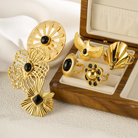 Vintage Titanstahl Offener Ring Für Damen Französischer Stil Vergoldet Hohl Blume Sonnenstrahl Adler Statement Ring Schmuck