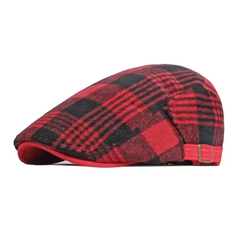 British Retro Plaid Flat Cap For Men And Women Wool Blend Warm Winter Beret Ivy Hat With Adjustable Side Buckle