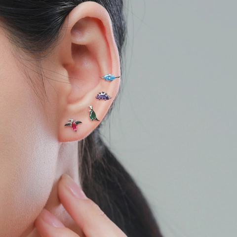 Cute 925 Sterling Silver Dinosaur Stud Earrings For Women Tiny Animal Rhinestone Single Earring Gold Silver Plated Jewelry