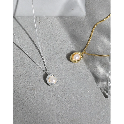 Irregular Lava Metal Wrapped Artificial Pearl Pendant Necklace 925 Sterling Silver Organic Design Minimalist Jewelry For Women
