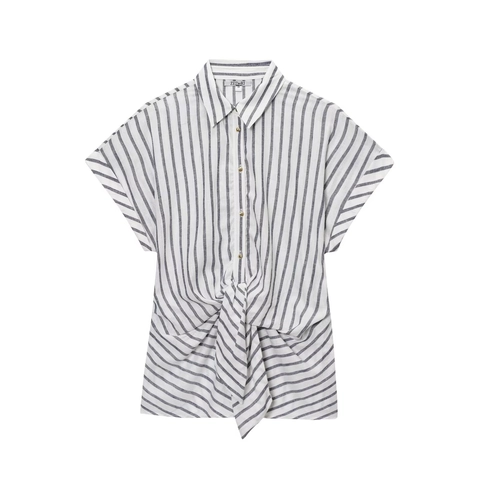 Damen Streifen Leinenmischung Hemd Kurzarm Vorne Gebunden Revers Casual Lockere Bluse Mit Goldknöpfen Sommer Elegant
