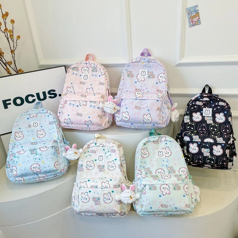 Kids Backpack Nylon Cute Cartoon Rabbit Print Large Capacity School Bag For Students With Plush Pendant