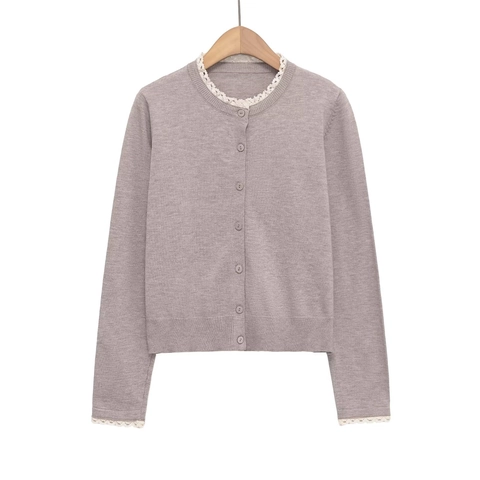 Cardigan En Tricot Pour Femmes Pull À Manches Longues Col Rond Dentelle Boutonné Style Français Décontracté