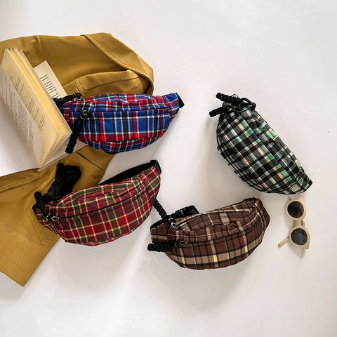 Nylon Plaid Kids Waist Bag Chest Crossbody Bag For Boys Girls Adjustable Belt Pack Cute Retro Fashion