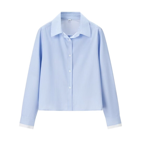 Camicia Corta A Righe Blu Da Donna Maniche Lunghe Risvolto Schiena Scoperta Fiocco Design
