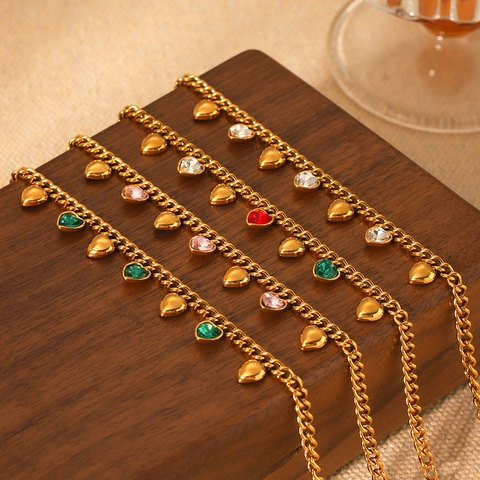 Stainless Steel Bracelet With Heart Pendant And Colorful Zircon Inlaid Cuban Chain Adjustable Fashion Jewelry For Women