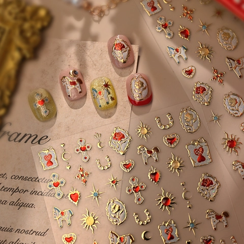 Reliëf Nagelstickers Vintage Barok Roos Hart Kruis Ster Maan Goudfolie Bronzen Zelfklevend Manicure Decoratie DIY