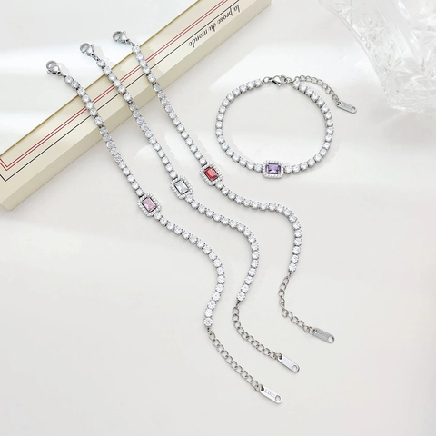 Stainless Steel Tennis Bracelet For Women With Rectangular Zircon Center Stone Full Zircon Inlaid Adjustable Chain