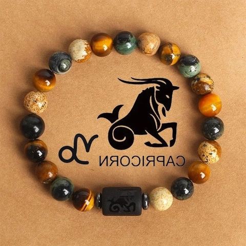 Handmade Natural Stone Zodiac Beaded Bracelet Obsidian Tiger Eye Crystal Elastic Bracelet For Men Women Ethnic Jewelry Gift