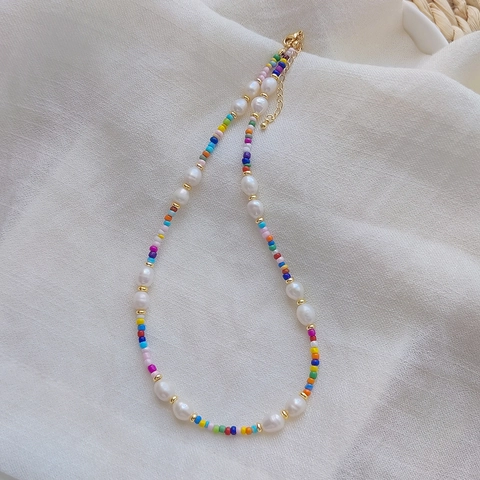 Handmade Bohemian Freshwater Pearl Necklace Colorful Glass Seed Beads 18K Gold Plated Copper Chain Choker Jewelry For Women