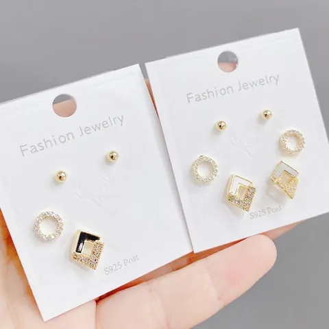 Korean Fashion Copper Geometric Zirconia Earring Set With 925 Sterling Silver Earring Post Minimalist Stud Earrings Jewelry