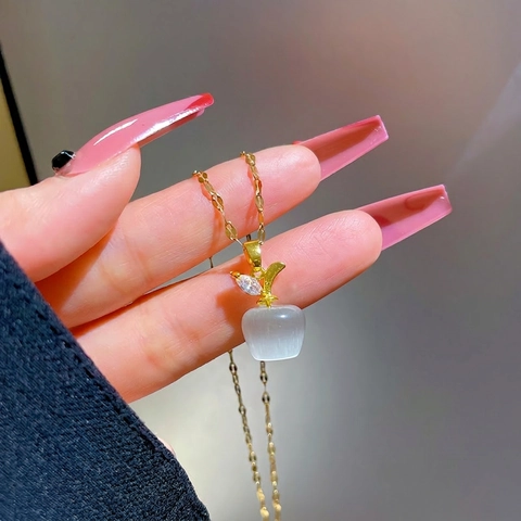 Appel Hanger Ketting Met Titanium Stalen Ketting Koper Kattenoogsteen Strass Sierlijke Lichte Luxe Sieraden Voor Dames