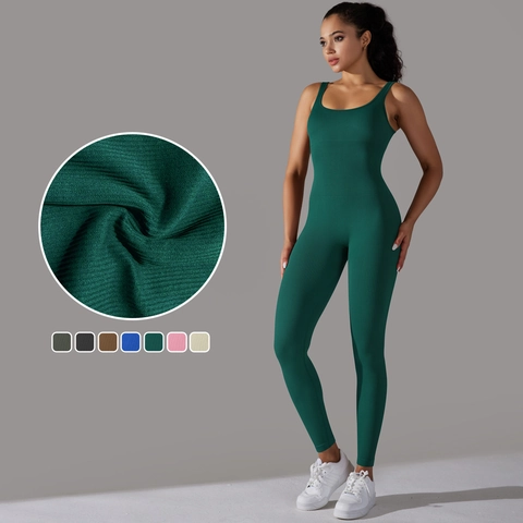 Damen Yoga Bodysuit Rippenstrick Nahtloser Ärmelloser Jumpsuit Slim Fit Bauchkontrolle Athletischer Fitness Romper