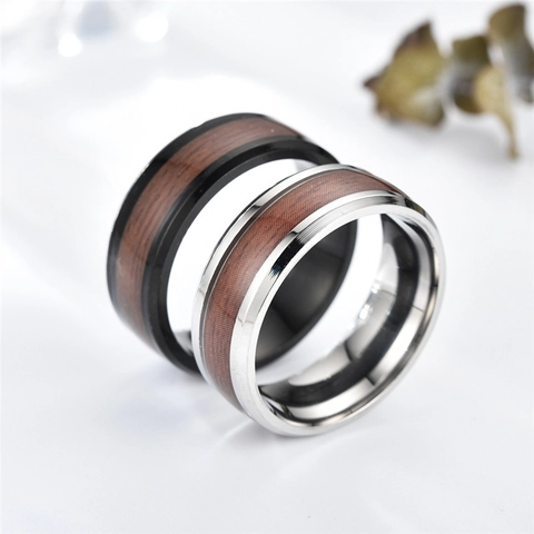 Vintage Band Ring 316L Edelstahl Mit Holzmaserung Inlay Minimalistischer Schmuck Für Herren Und Damen