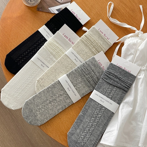 Calcetines De Rejilla Calados Para Mujer Algodón Transpirable Media Caña Con Patrones Verano