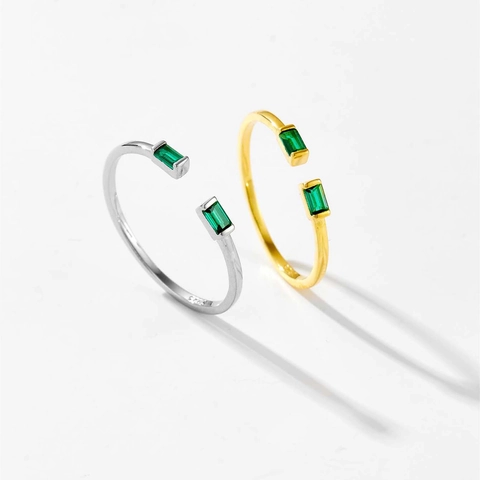 Adjustable Open Ring S925 Sterling Silver Double Rectangle Green Cubic Zircon Geometric Retro Minimalist Jewelry For Women