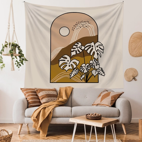 Tapiz De Pared Abstracto Bohemio Poliéster Sol Montaña Hoja De Monstera Impresión Decoración Hogar Sala Dormitorio
