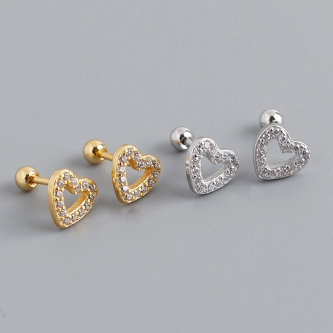 925 Sterling Silver Heart Stud Earrings For Women Minimalist Zirconia Inlaid Screw Back Gold Silver Plated Fashion Ear Bone Jewelry