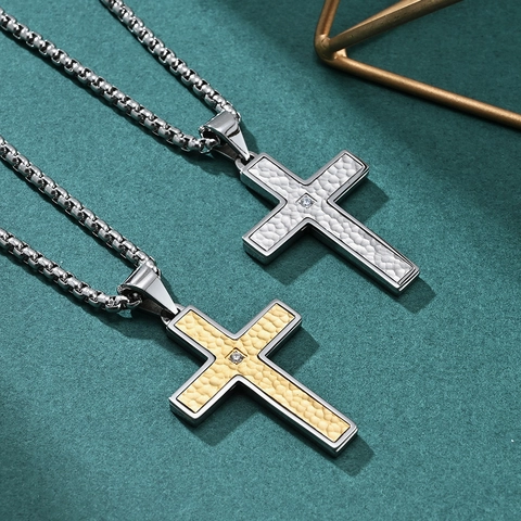 Collar Colgante Cruz Textura Martillada Acero Inoxidable Zircón Redondo Joyería Religiosa Retro Hombre Mujer