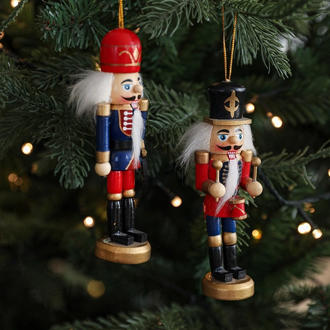 Christmas Nutcracker Soldier Ornaments Painted Wooden Puppet Figurines With Faux Hair For Holiday Tree Hanging Decor