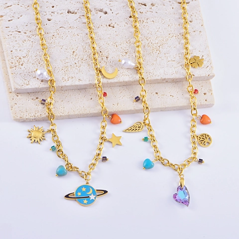 Edelstahl Multi Anhänger Halskette Gold Planet Herz Stern Mond Charms Strass Künstliche Perle Schmuck Für Damen