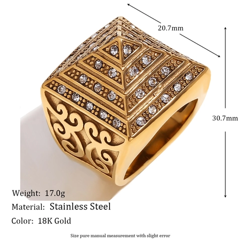 Pyramid Ring Men Stainless Steel 18K Gold Plated Zircon Inlaid Hip Hop Retro Vine Carved Square Finger Jewelry