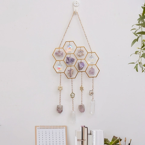 Crystal Suncatcher Wind Chime Honeycomb Metal Frame Natural Amethyst Stone Faceted Prism Rainbow Maker Window Decor