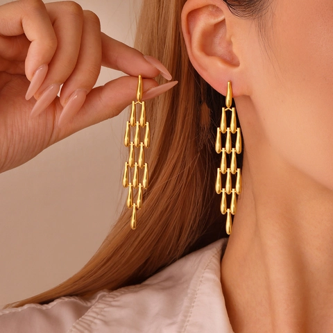 Long Tassel Drop Earrings 18K Gold Plated Stainless Steel Multi Layer Water Drop Minimalist Fashion Jewelry For Women