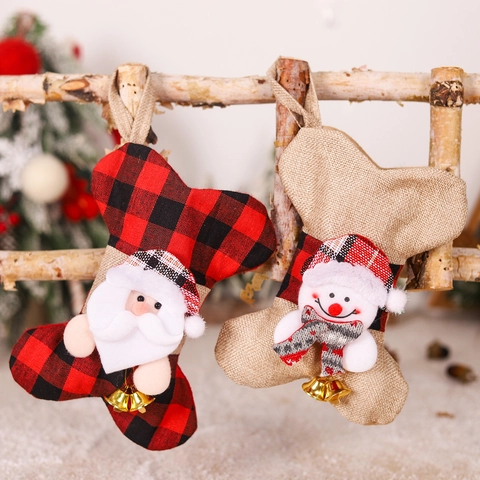 Christmas Dog Bone Stocking Burlap Plaid Fabric Santa Snowman Hanging Ornament Tree Decoration With Golden Metal Bells