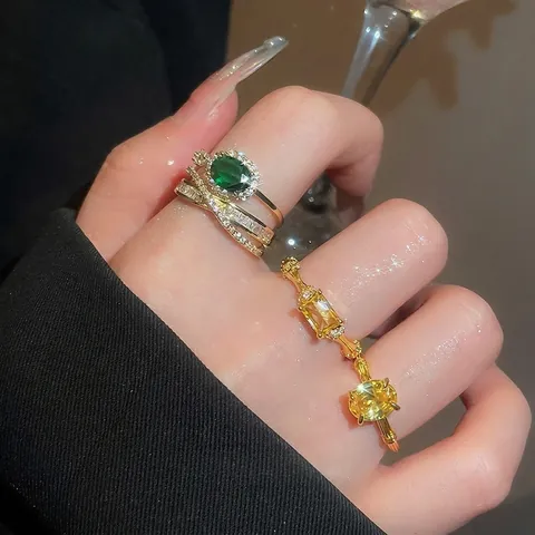 Snake Shaped Open Ring Copper Zircon Triple Layer Geometric Oval Emerald Green Citrine Yellow Luxury Vintage Jewelry For Women