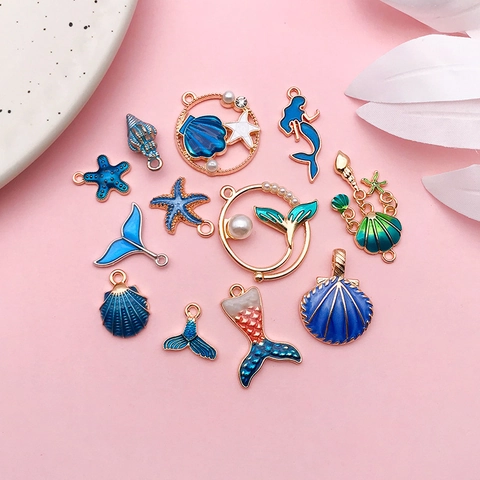 Ocean Theme Enamel Alloy Charms Mermaid Starfish Shell Mermaid Tail Pendants DIY Jewelry Making Necklace Accessories