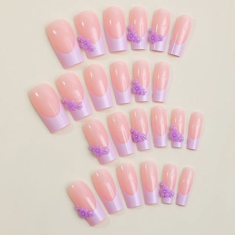 Long Square Press On Nails Pink French Tip With 3D Purple Flower And Artificial Pearls Artificial Fake Nails DIY Manicure For Women