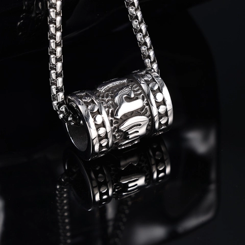 Stainless Steel Pendant Necklace Vintage Tibetan Mantra Roller Cylinder Religious Ethnic Jewelry For Men Women