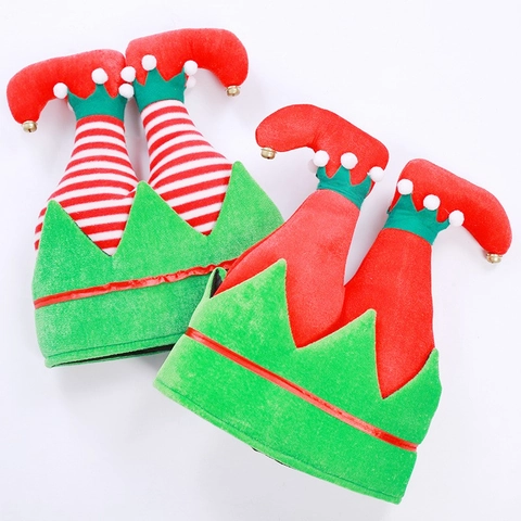 Christmas Elf Hat Velvet Plush Striped Santa Claus Leg Costume Party Dress Up Novelty Headwear Festive Holiday