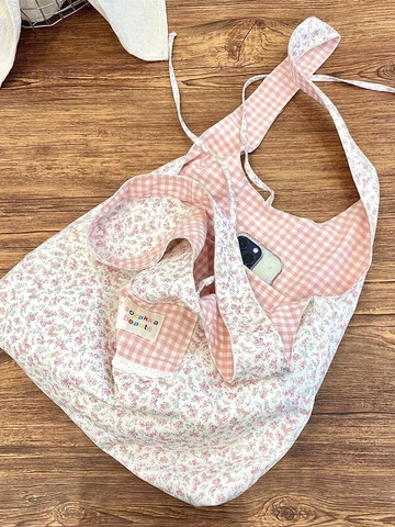 Damen Florale Tragetasche Polyester Canvas Große Kapazität Handtasche Karo Patchwork Mit Schleife Spitze Süßer Zakka Stil